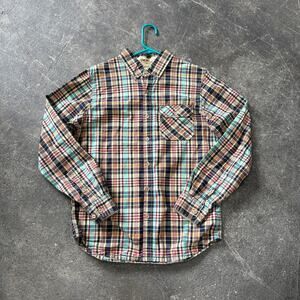 Gramicci Plaid Shirt Mens S Tan Green Skater Long Sleeve Button Up One Pocket